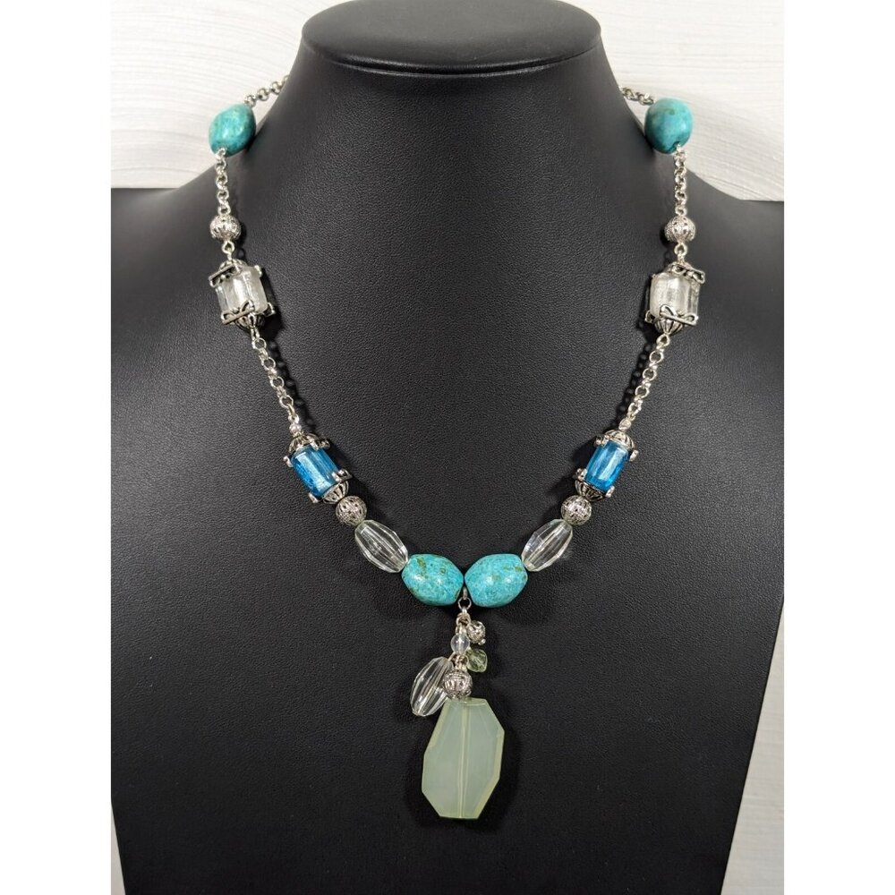 Avon Blue Faux Turquoise Green Glass and Acrylic Bead Necklace Beach Coastal 19"